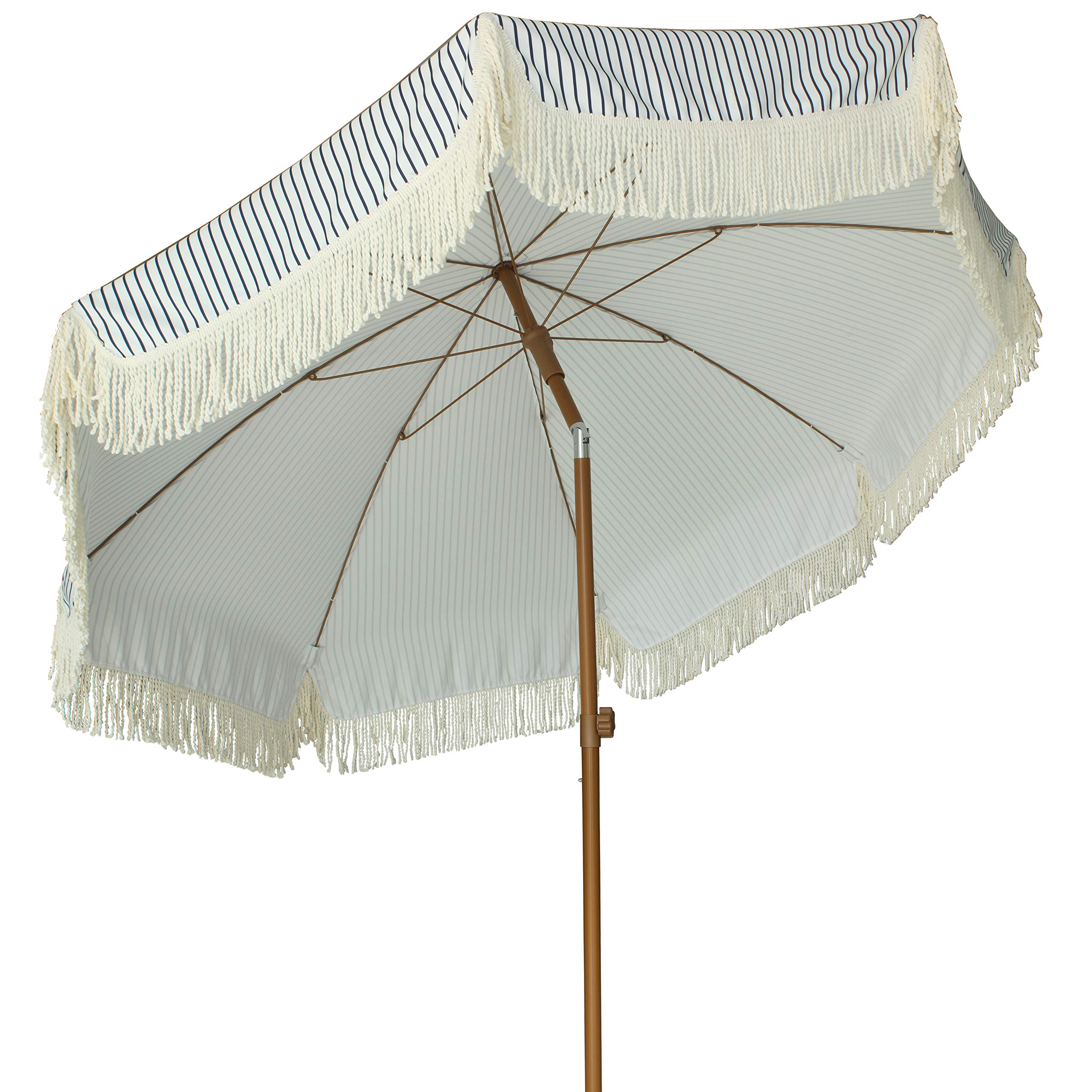 AMMSUN 7ft Patio Umbrella with Fringe Outdoor Yard Umbrella UPF50+ Wood Color Steel Pole and Steel Ribs Push Button Tilt