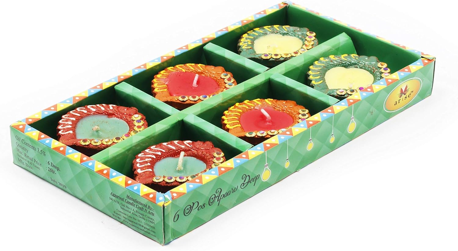 Oil Lamps & Accessories - Set of 6 Diwali Wax Diya Decoration Item Gift Terracotta Colorful Handmade Decorative Clay Diya Wax Lamp Diwali Gift Box Navratri Puja Festival Lighting