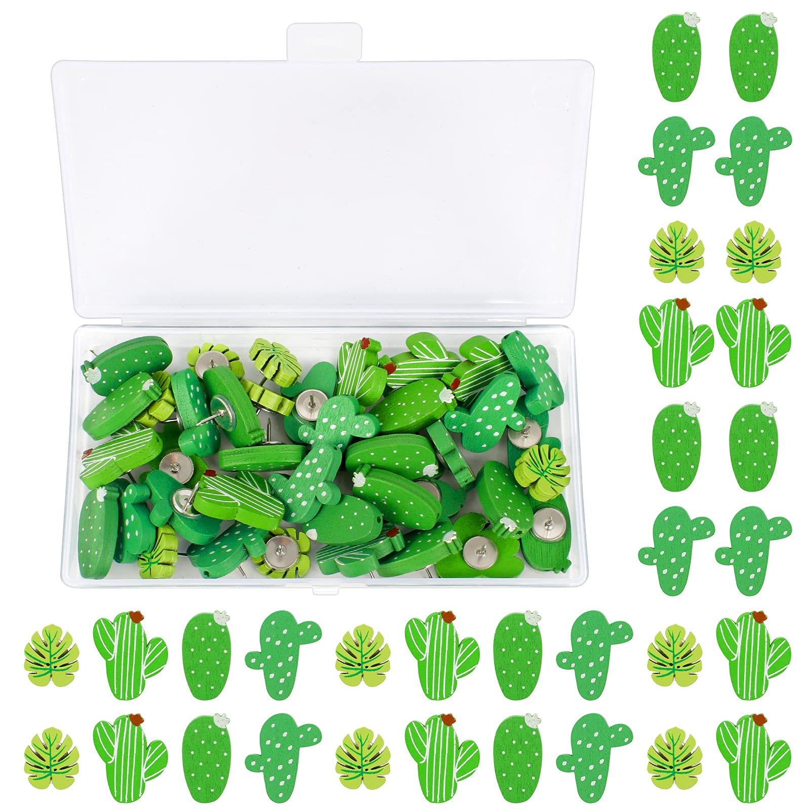 40Pcs Wooden Push Pins Cactus Palm Leaf Thumb Tacks Decorative Thumb Tacks Cute Pushpins with Box for Cork Boards Photos Wall Maps Corkboard Decor (5 Shapes)