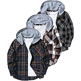 GEEK LIGHTING 3 Pack Boys Girls Plaid Flannel Shirts Unisex Kids Long Sleeve Casual Button Down Shirts with Hood