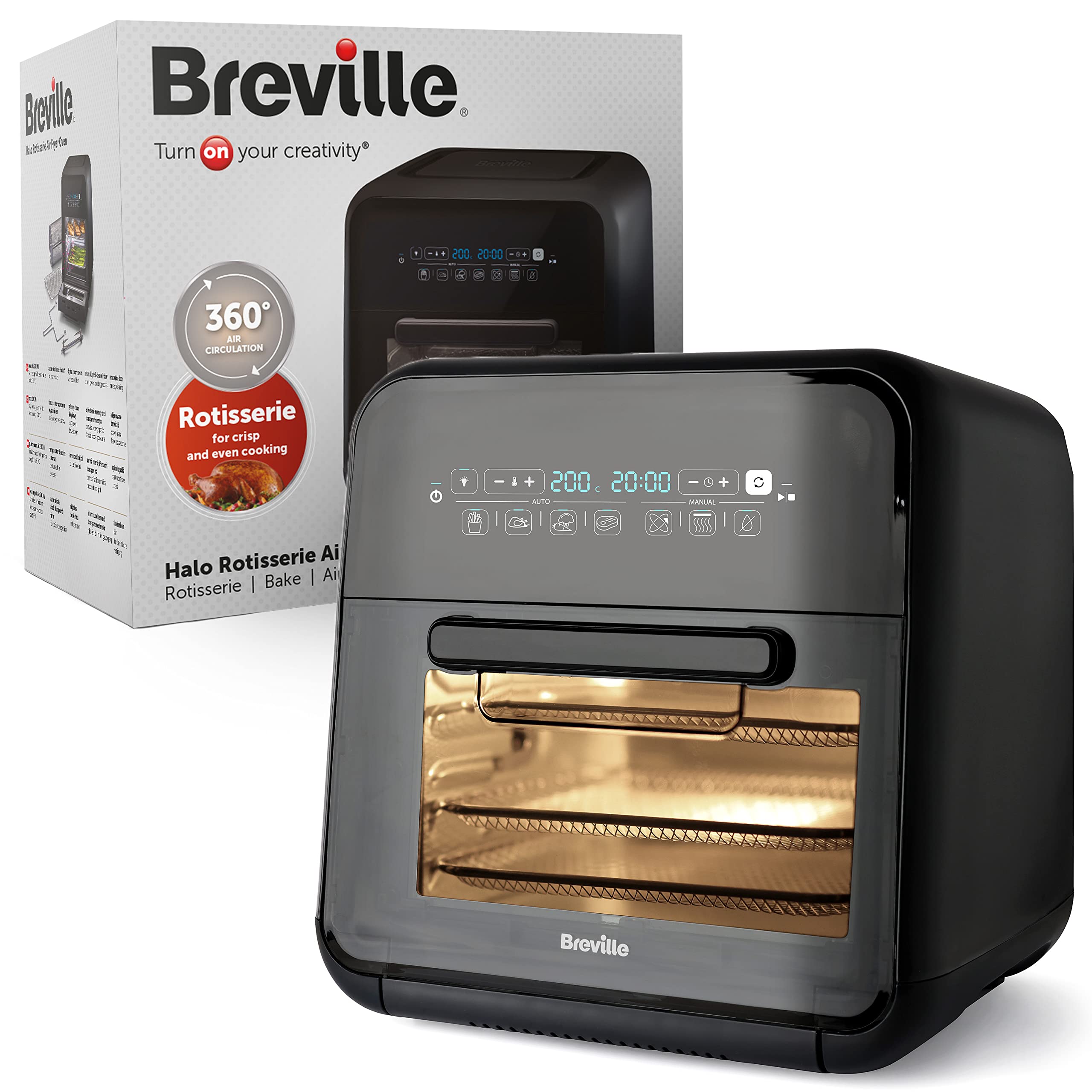 Breville Halo Rotisserie Friteuse À Air | Four Friteuse À Air Numérique Extra Large | 10 L | Pour Frire, Cuire Et Déshydrater | 2 000 W | Faible Consommation | Noir Et Gris [Vdf127X]