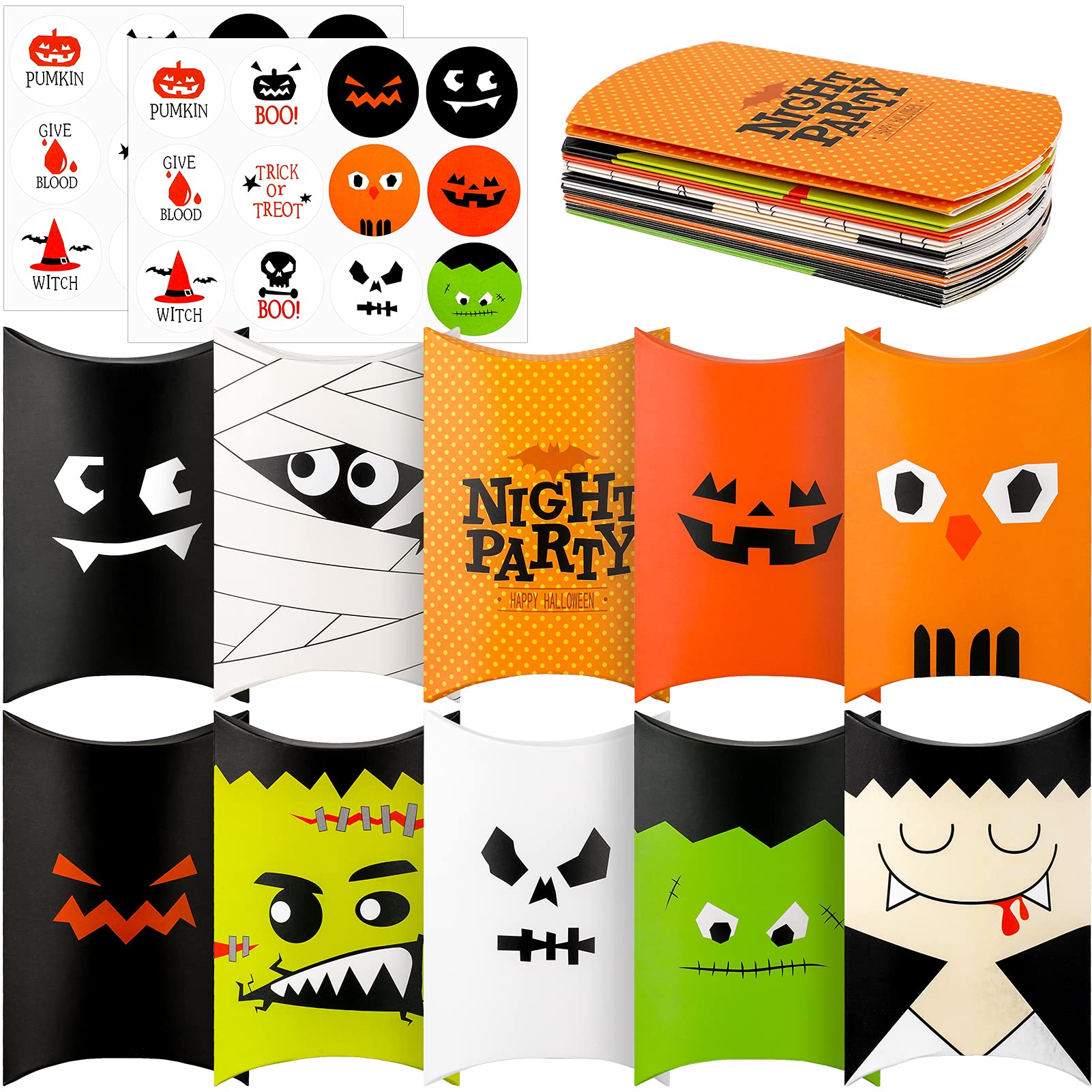 Qpout 20 Pack Halloween Sweets Packing Boxes With 24pcs Stickers, Funny Delicate Candy Boxes for Kids, Halloween Trick Or Treat Birthday Party Cookie Cake Jewelry Small Presents Decoration