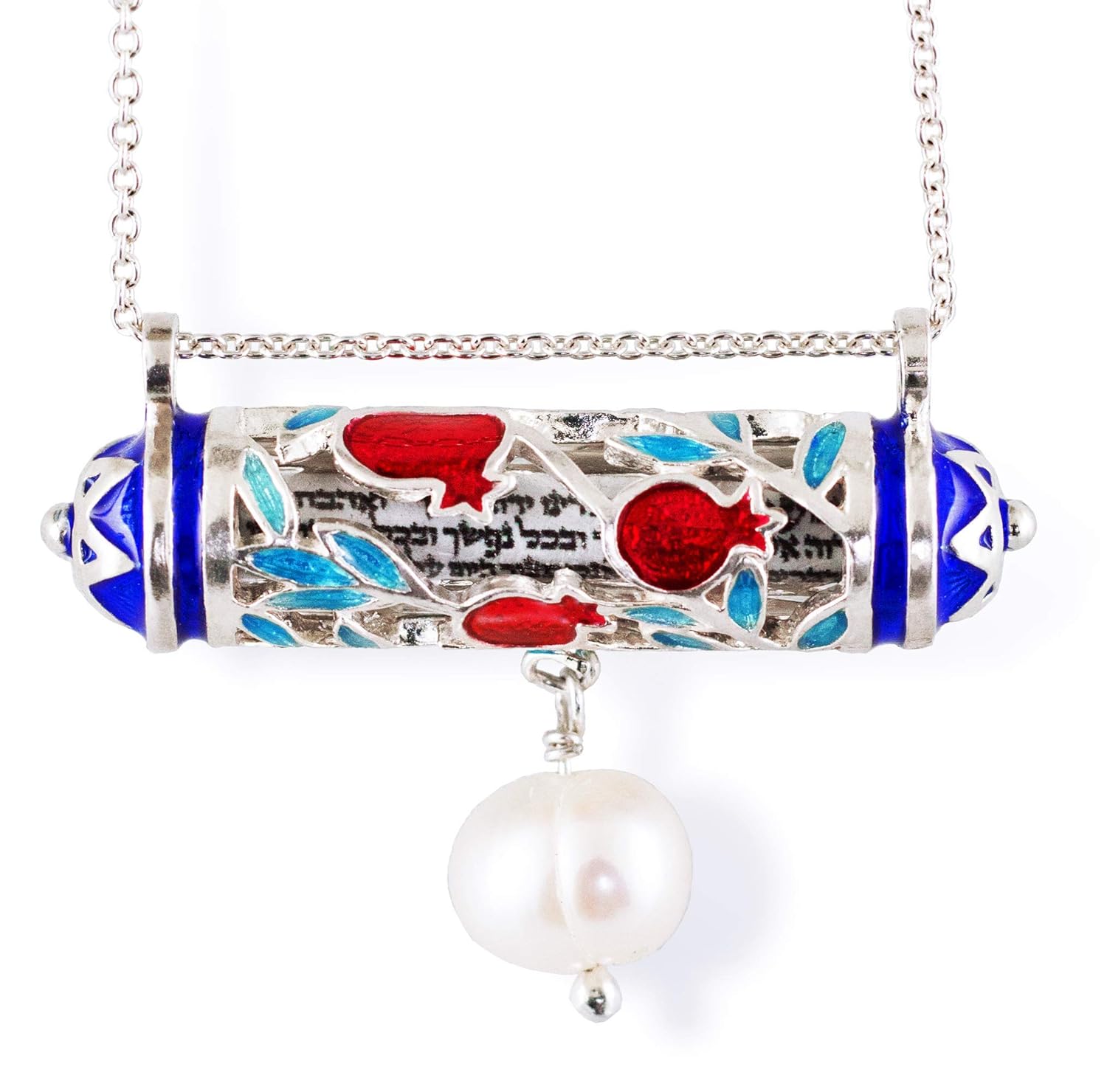 Pomegranate Mezuzah Jewish Necklace with Pearl 925 Sterling