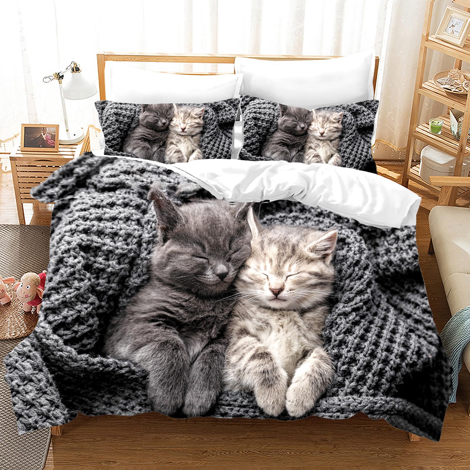 KAIDAARTLH Cat bedding set 200x200cm, Cat motif microfibre duvet cover, 3D print bedding sets 3-piece with zip, for girls boys (Cat-2, 200x200cm)