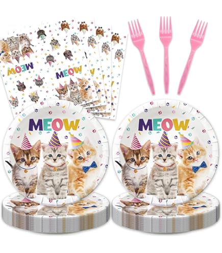 40-Pack Cat Birthday Party Supplies - 20 Plates & 20 Napkins For Kitten Birthday Decorations