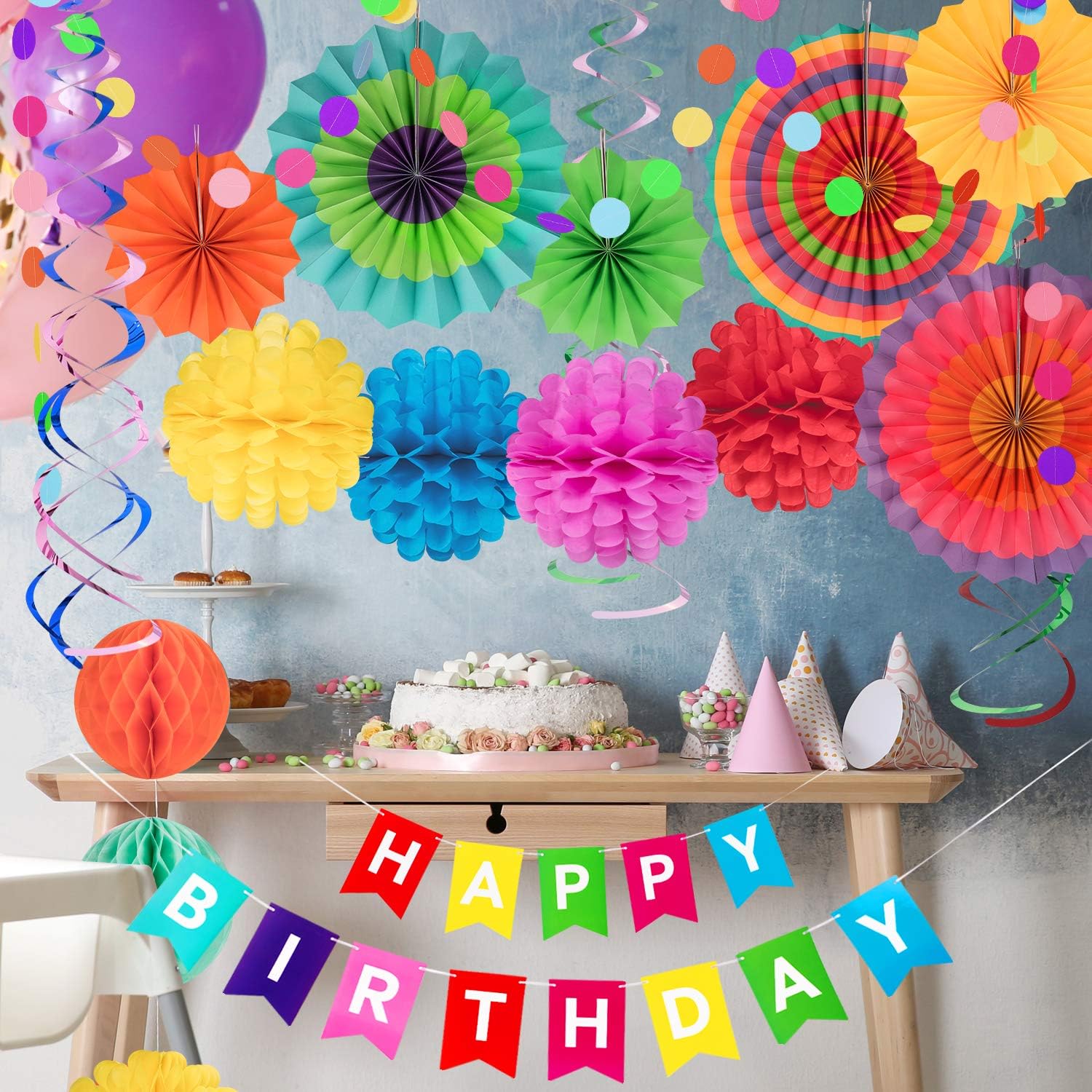 Whaline 28Pcs Colorful Birthday Decorations, Fiesta Hanging Paper Fans,Hanging Swirl,Polka Dot String,Pom Poms Flowers,Happy Birthday Banner,Paper Garland for Birthday Wedding Decor Mexican Party: Toys & Games