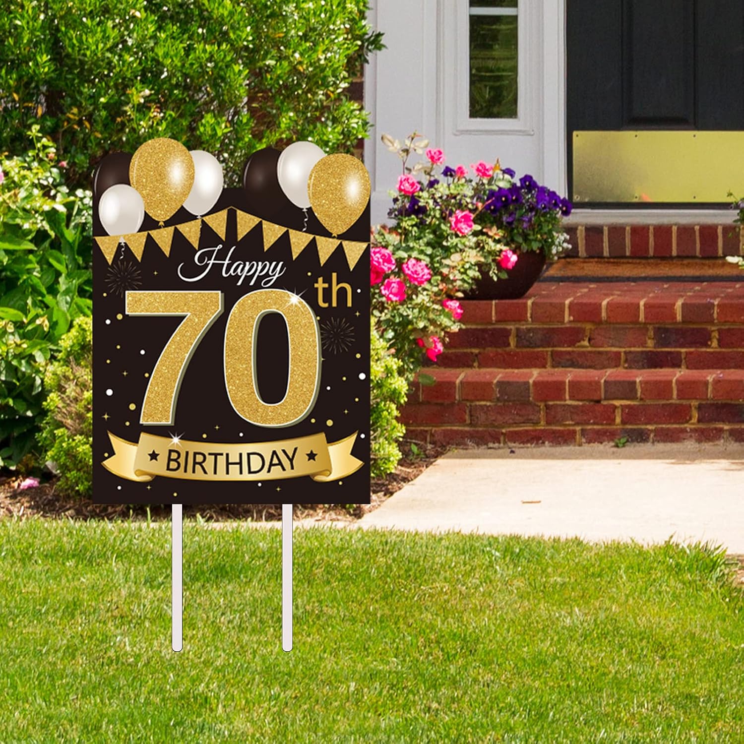 Yard Signs - Large Happy 70th Birthday Party Yard Sign Black Gold 70 Birthday Yard Signs with Stakes and Outdoor Lawn Decorations