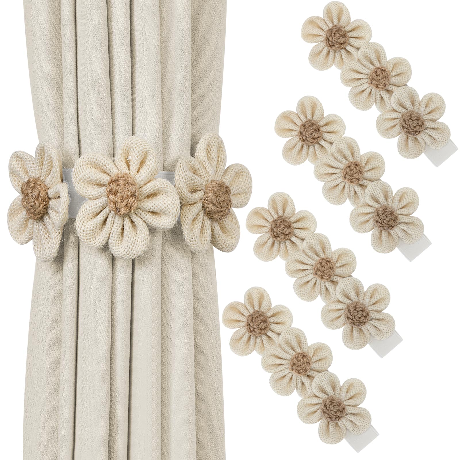 KLOGTSIND Flower Curtain Tiebacks, 4 Pack Boho Curtain Ties Elegant Three Flower Curtain Holdbacks, Decorative Window Treatment Tie Backs for Cute Bedroom Decor, Girl Nursery Decor, Farmhouse Decor