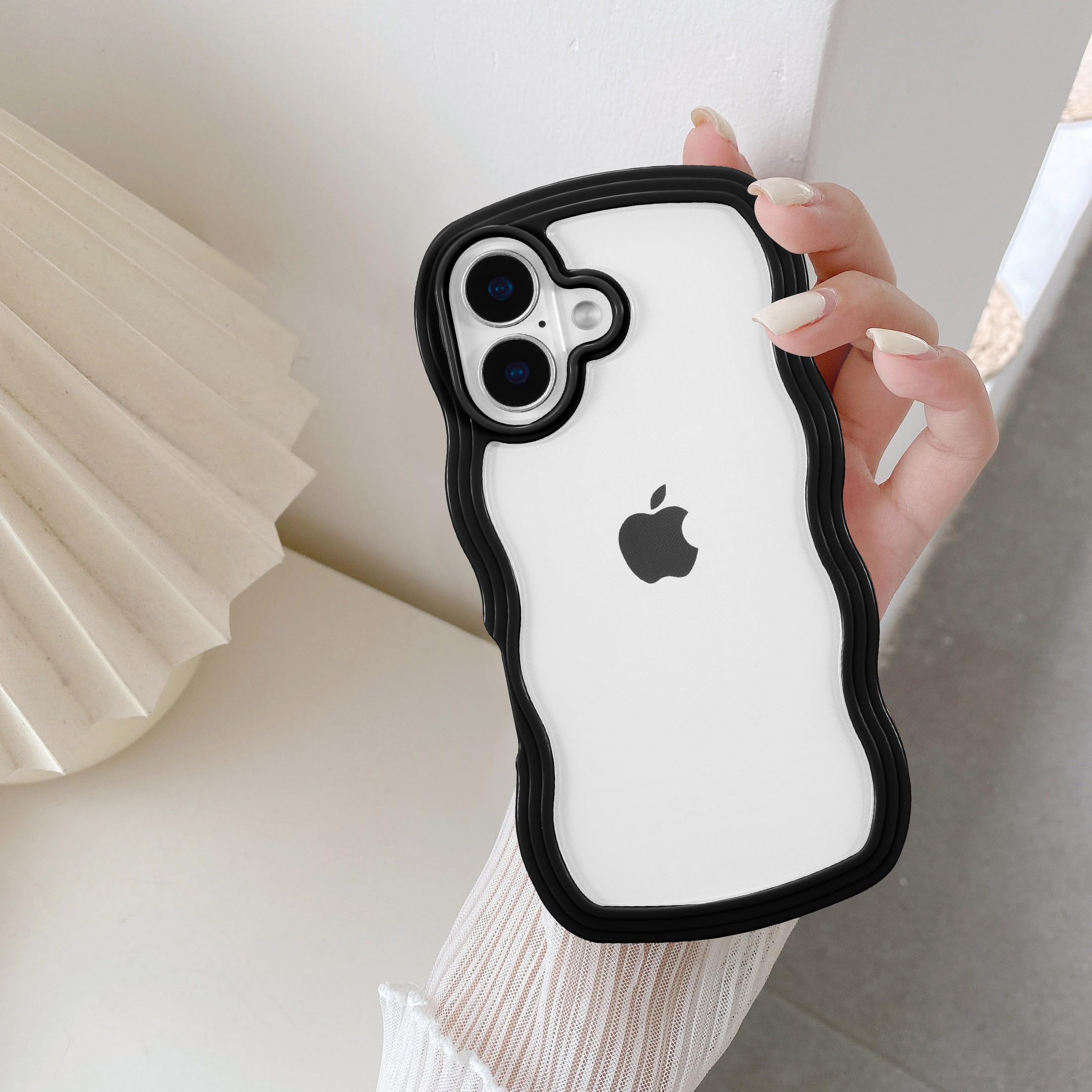 QLTYPRI Compatible with iPhone 16 Case, Cute Curly Wave Frame Clear Case for Girls Women, Transparent Soft Silicone TPU Bumper Shockproof Protective Cover for iPhone 16 - Black