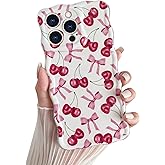 Skyseaco for iPhone 13 Pro Max Case, Cute Pink Cherry Bow Pattern Wavy Phone Case for Women Girls, Full Camera Lens Slim Shockproof Protective Phone Cover - White
