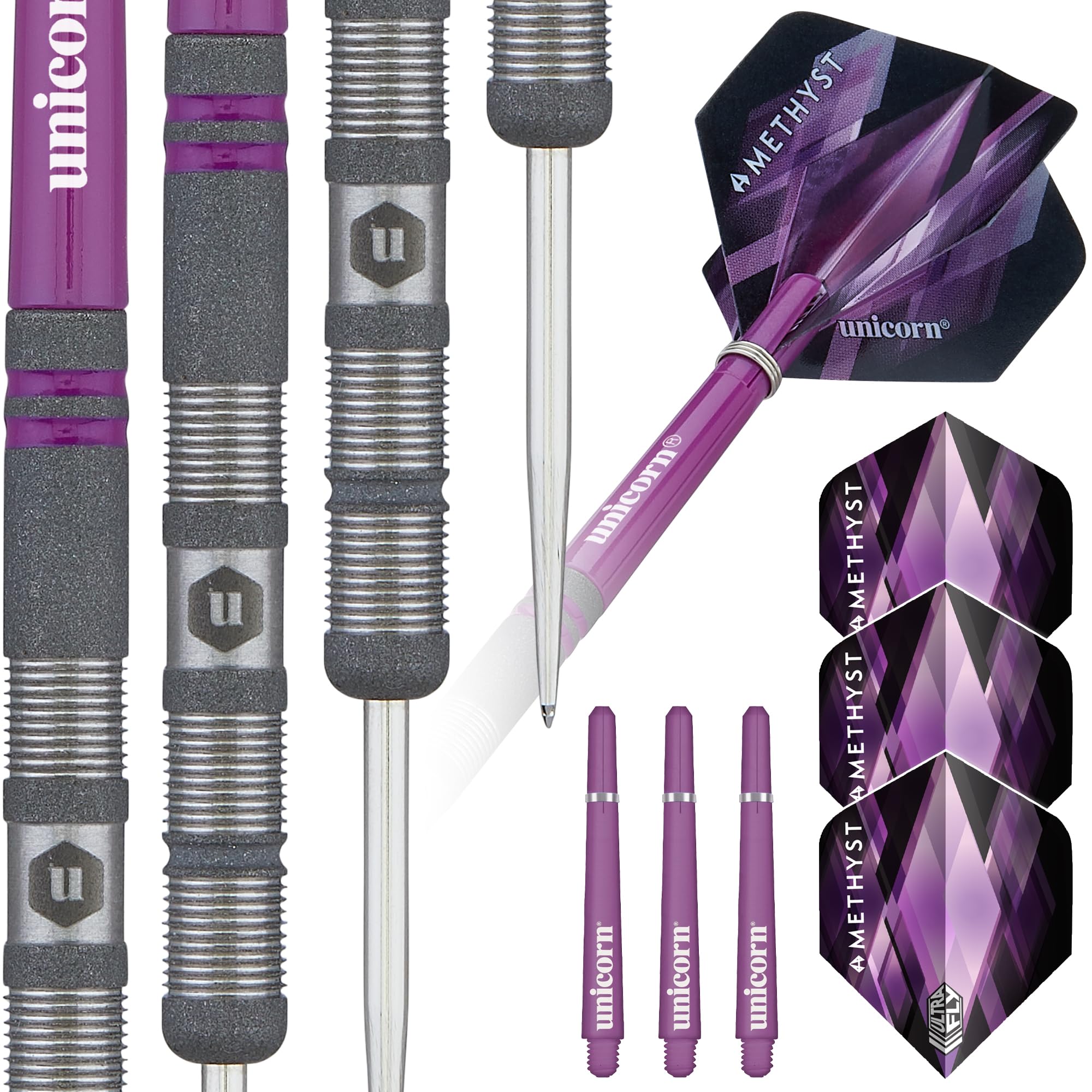 Unicorn Darts Set | Amethyst 1 | 90% Natural Tungsten Barrels with Purple Accents & Laser Etched U Logo Hallmark | Steel Tip | 21 g