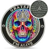 Rainbow Skull 1 Year Sobriety Coin - Grateful I'm Alive AA Coins - Recovery Addiction NA AA Chips and Medallions - 1-10 Years Living Clean Narcotics Alcoholics Anonymous Gifts for Men Women