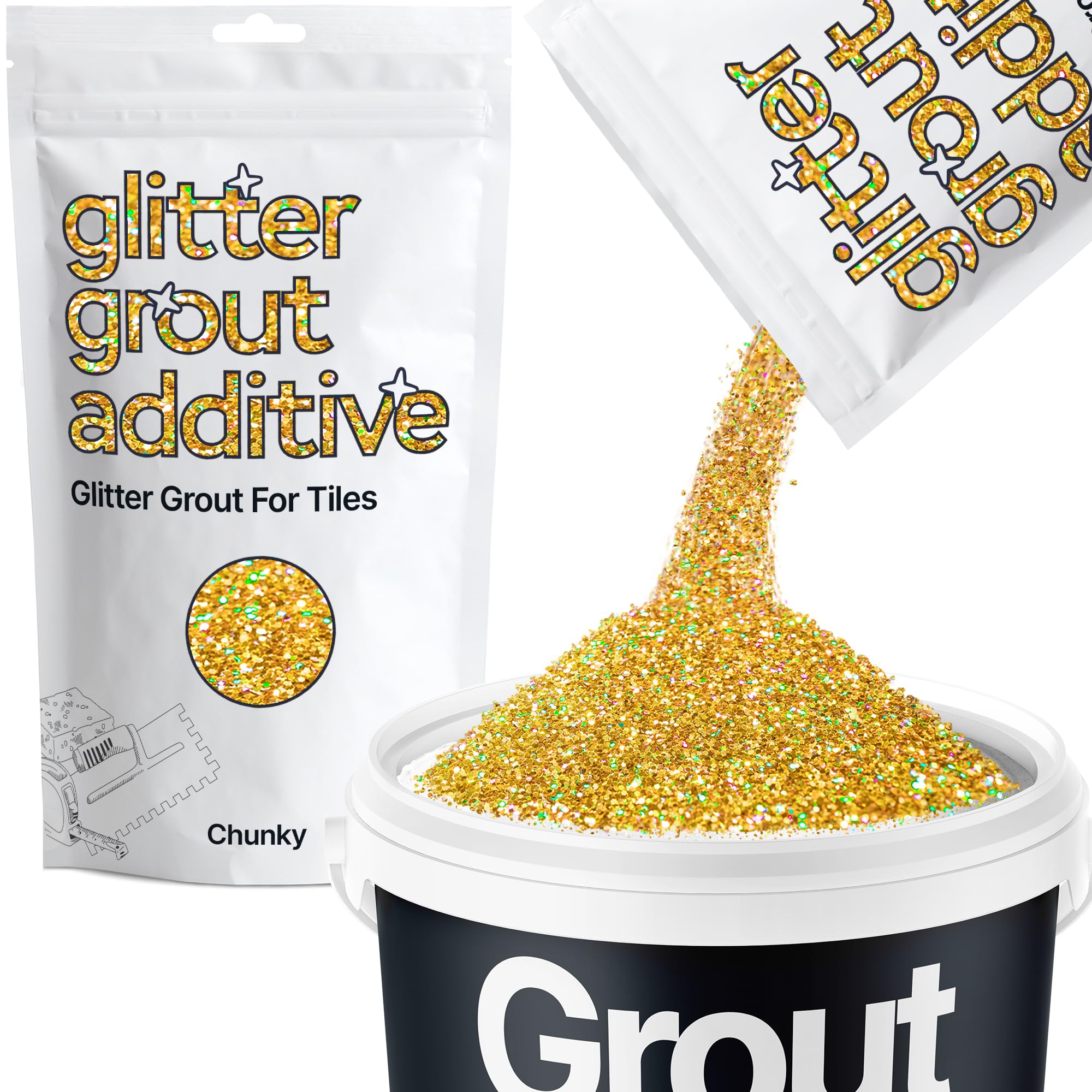 Hemway Gold Holographic Glitter Grout Additive Chunky 100g Metallic Flakes for Adding Sparkle to Kitchen & Bathroom Tiles | Enhance Your Indoor Grouting Projects with a Durable Sparkly Effect