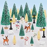 PLULON 33Pcs Christmas Village Accessories for Crafts Mini Christmas Trees Xmas Figurines Ornaments Bottle Brush Trees Snowman Deer Micro Landscape for Winter Holiday Home Party Decorations