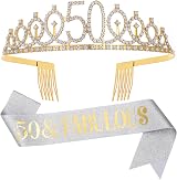 Dimetey Silver Gold 50 & Fabulous Sash Rhinestone Tiara 50th Birthday Set view 1