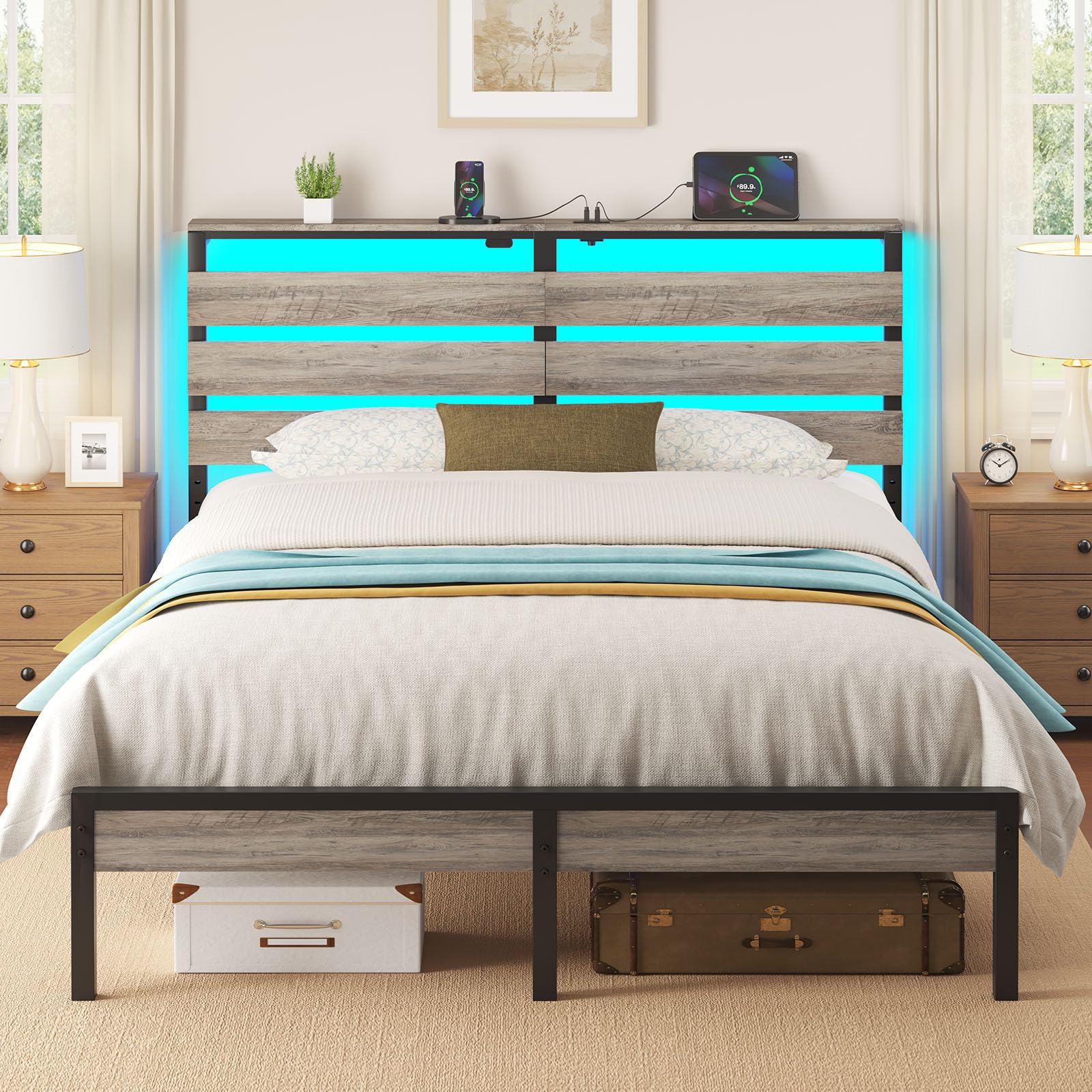 Rolanstar Bed Frame Queen Size with USB Charging Station, LED Bed Frame with Wood Storage Headboard, Light Grey Metal Platform Bed with Under Bed Storage, No Box Spring Needed, Noise Free Image
