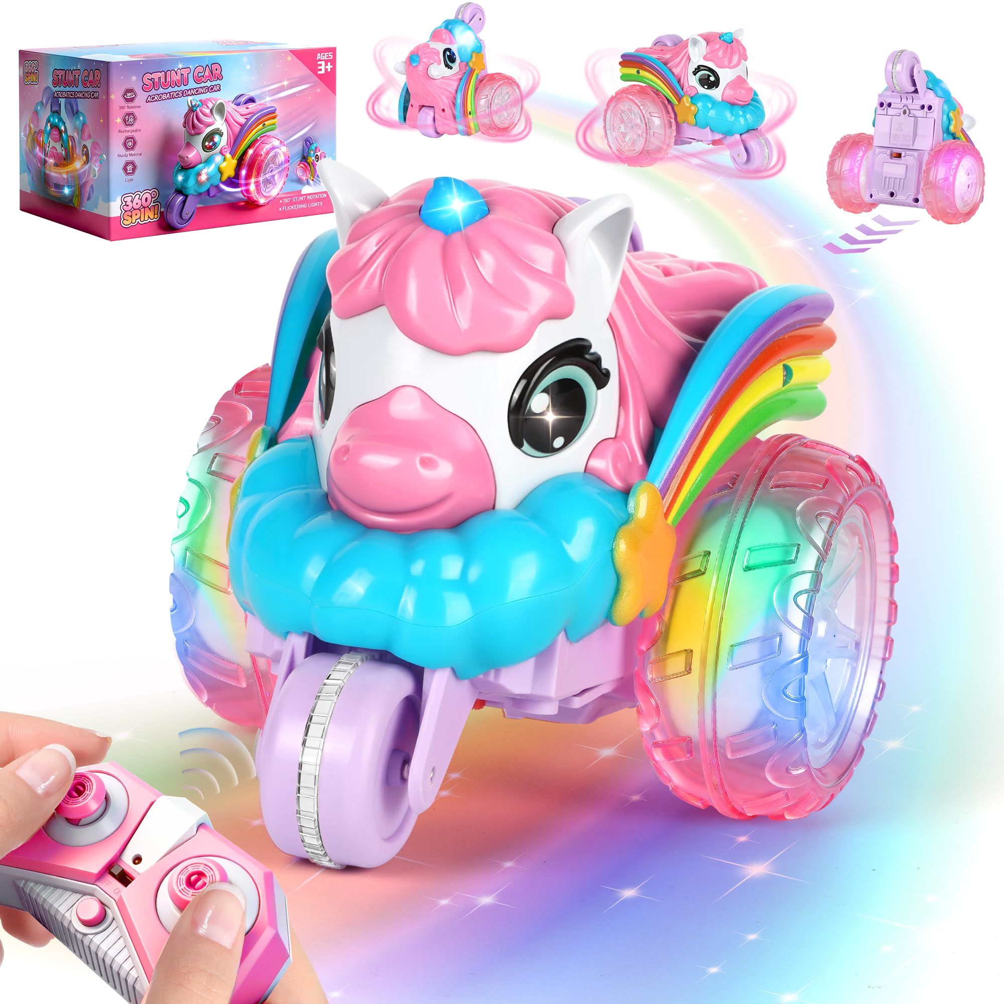 TODARRUN Remote Control Cars for Girls, Unicorn RC Stunt Car with Rainbow LED Light, 360° Rotating Toy Vehicle, Rechargeable Birthday Present for Kid Age 3 4 5 6 7 8 Year Old, Pink Xmas