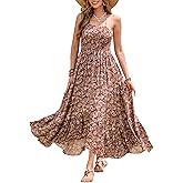 R.Vivimos Women's Summer Maxi Dress Spaghetti Strap Boho Floral Print Smocked Backless Casual Ruffle Flowy Long Dresses
