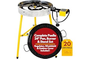 Paelluxe Paella Burner and Stand Set 20 Servings, 24 Inch Paella Pan, Dual Propane Outdoor Stove with Stand & Regulator, Port