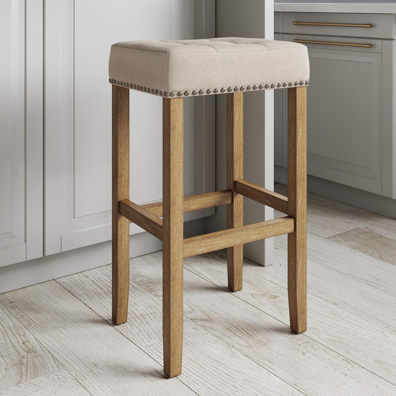 Nathan James Hylie Nailhead Wood Pub-Height Kitchen Counter Bar Stool 29", Natural Flax/Light Brown: Furniture & Decor