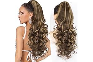 ALXNAN Ponytail Extension,24 Inch Claw Clip in Long Curly Wavy Chocolate Brown with Highlights Ponytail Hair Extension Jaw Clip on Pony Tails Hairpiece for Women