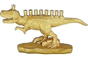 ZION JUDAICA LTD Zion Judaica Gold Dinosaur Menorah 3D Polyresin with Brass Cups Functional Kids Dino Candle Menorah Fits Standard Chanukah Candles Collectible Hanukkiah