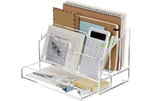 SANRUI Acrylic File Holder Desk Organizers with Sliding Drawer, 3 Compartments Mail Sorter Box, Clear Office Accessories Paper Storage Holder, Multifunction Folder Racks for Office,Home, School