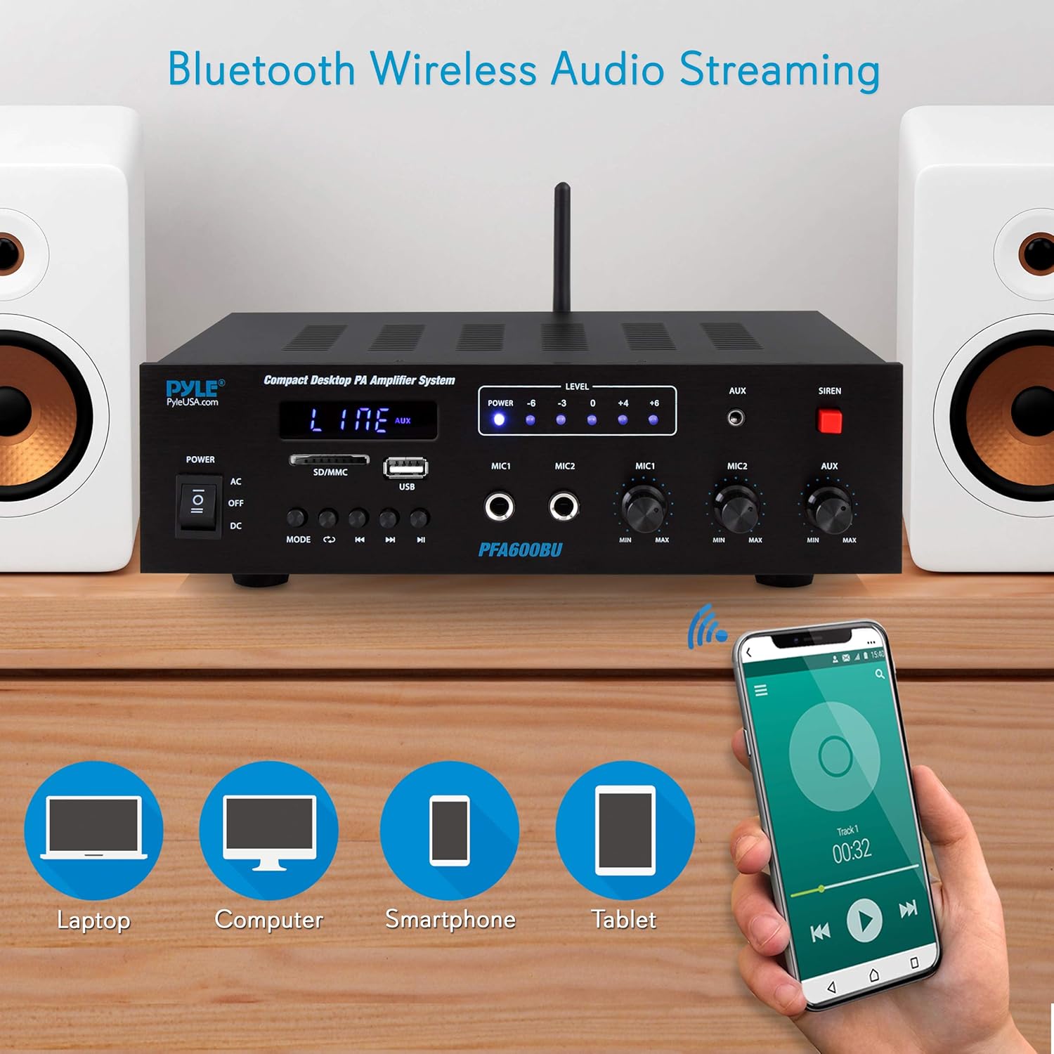 Wireless Bluetooth Karaoke Amplifier Home Car Bus Tours 300 Watts 2 Channel Digital Home Audio PA Receiver System 2 Microphone Input Control, FM Radio, USB,12 Volt Power Option Pyle PFA600BU: Electronics