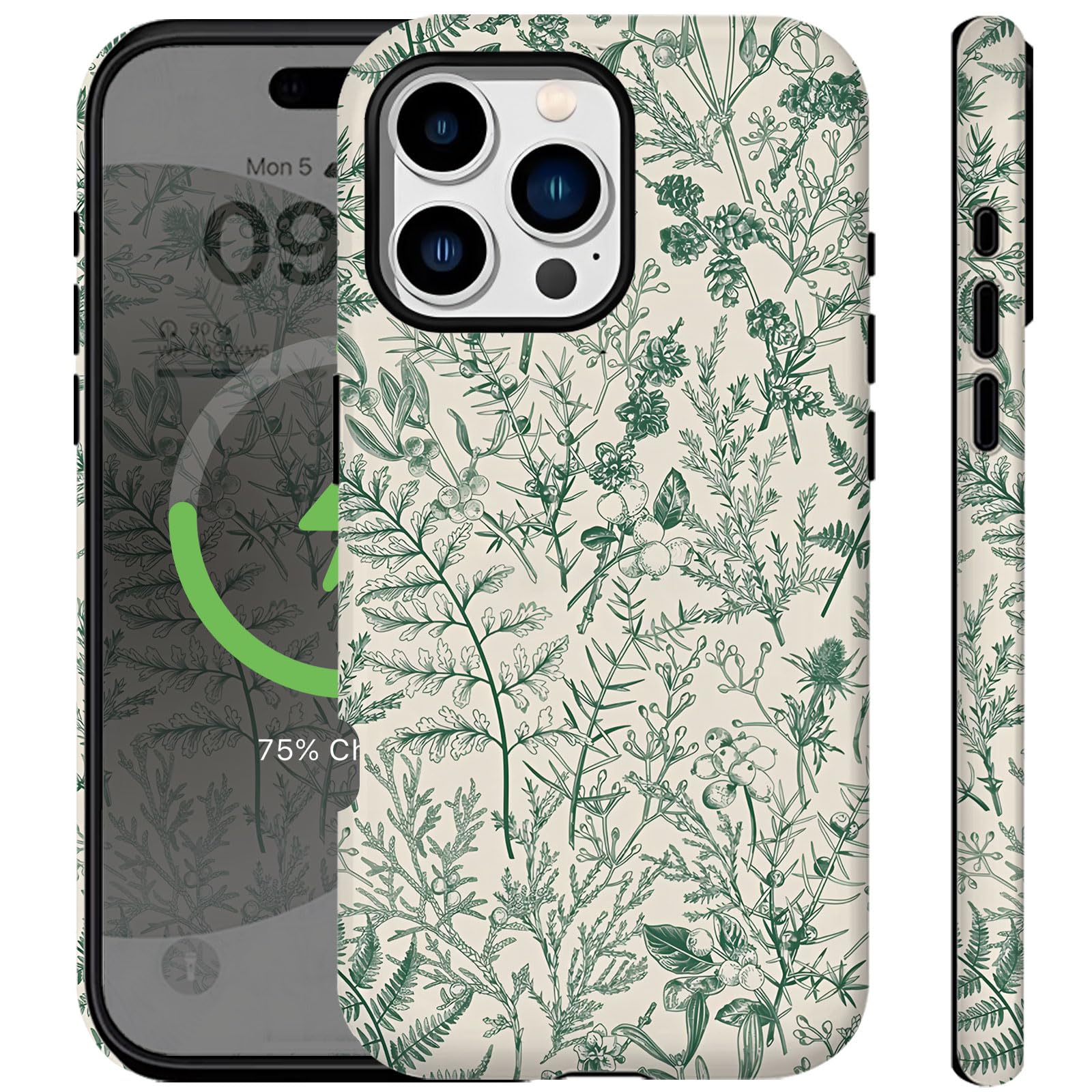 Photo 1 of Compatible for iPhone 16 Pro Case Vintage Green Flowers Leaf Cute Aethetic Elegant Design for Women Girls [Compatible with Magsafe] Rugge Shockproof Anti-scratch Phone Case for iPhone 16 Pro Case