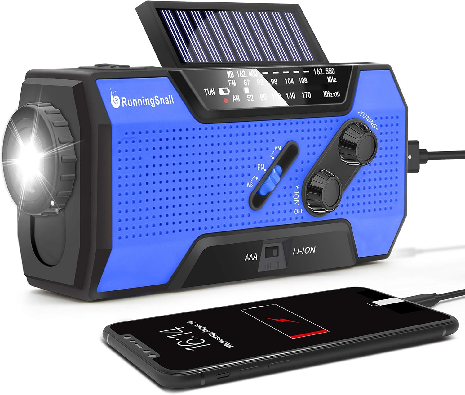 RunningSnail Solar Crank NOAA Weather Radio for Emergency with AM/FM, Flashlight, Reading Lamp and 2000mAh Power Bank (Blue): Home Audio & Theater