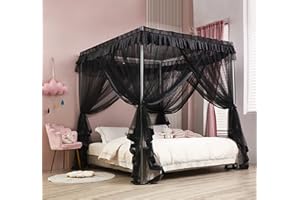 Mengersi Black Elegant 4 Corners Post Canopy Bed Curtains Mosquito Net Bed Drapes Full Size