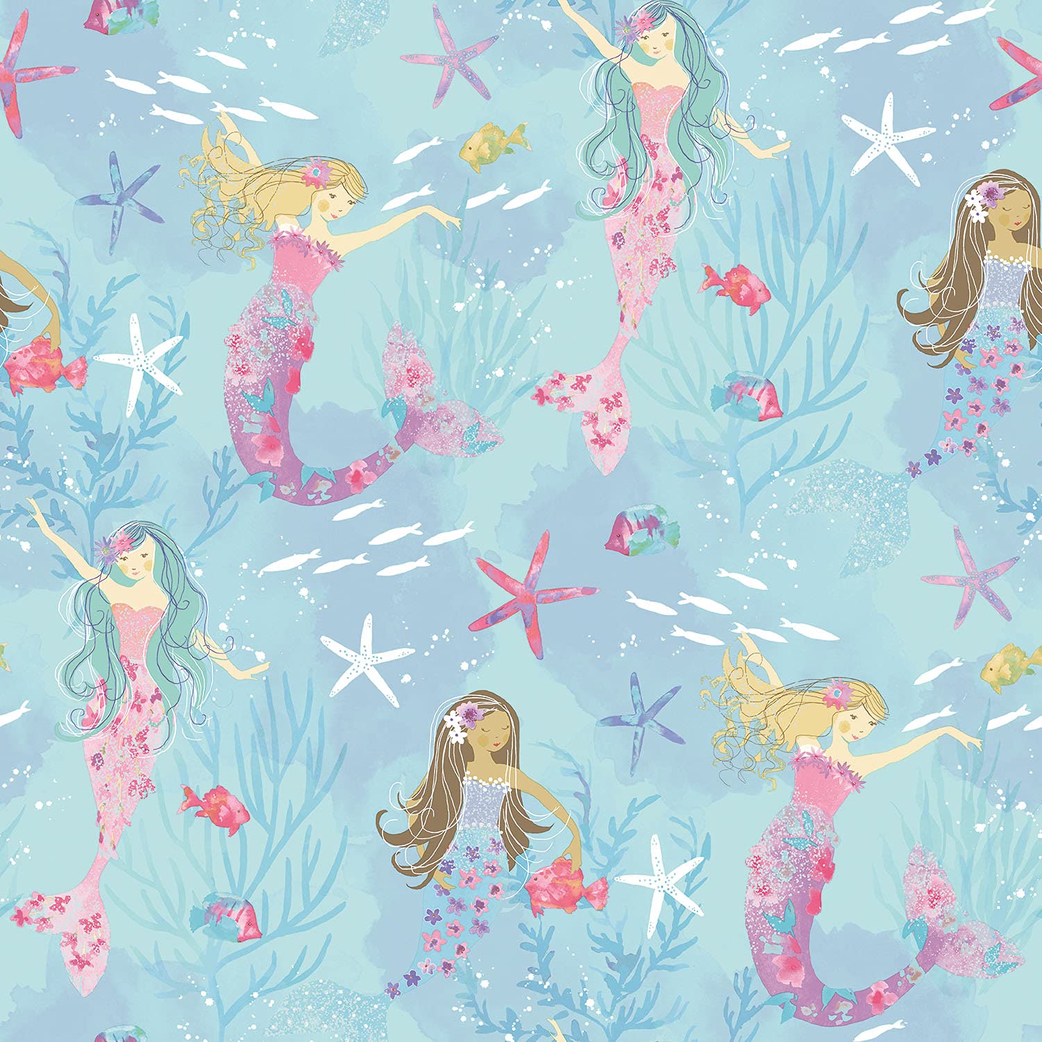Galerie G78392 Tiny Tots 2 Mermaid Wallpaper, Turquoise/Pink/Glitter, 10m x 53cm