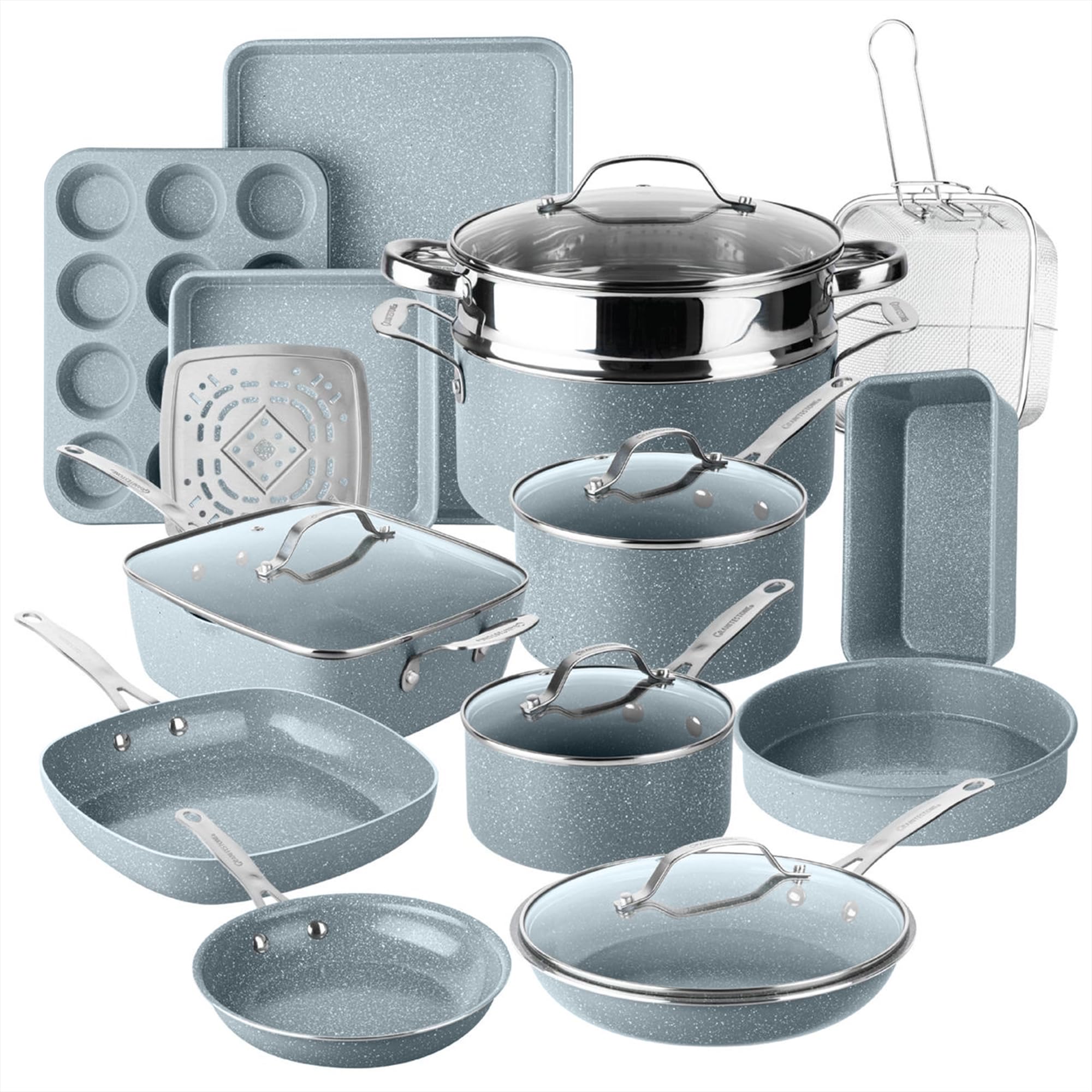 Granitestone Ceraluxe 20 Pc Ceramic Cookware Set Nonstick, Complete Pots and Pans Set Non Stick with 5 Pc Bakeware Set, Deep Frying Pan Set, & Steamer, Non Toxic PFOA Free, Oven & Dishwasher Safe Image
