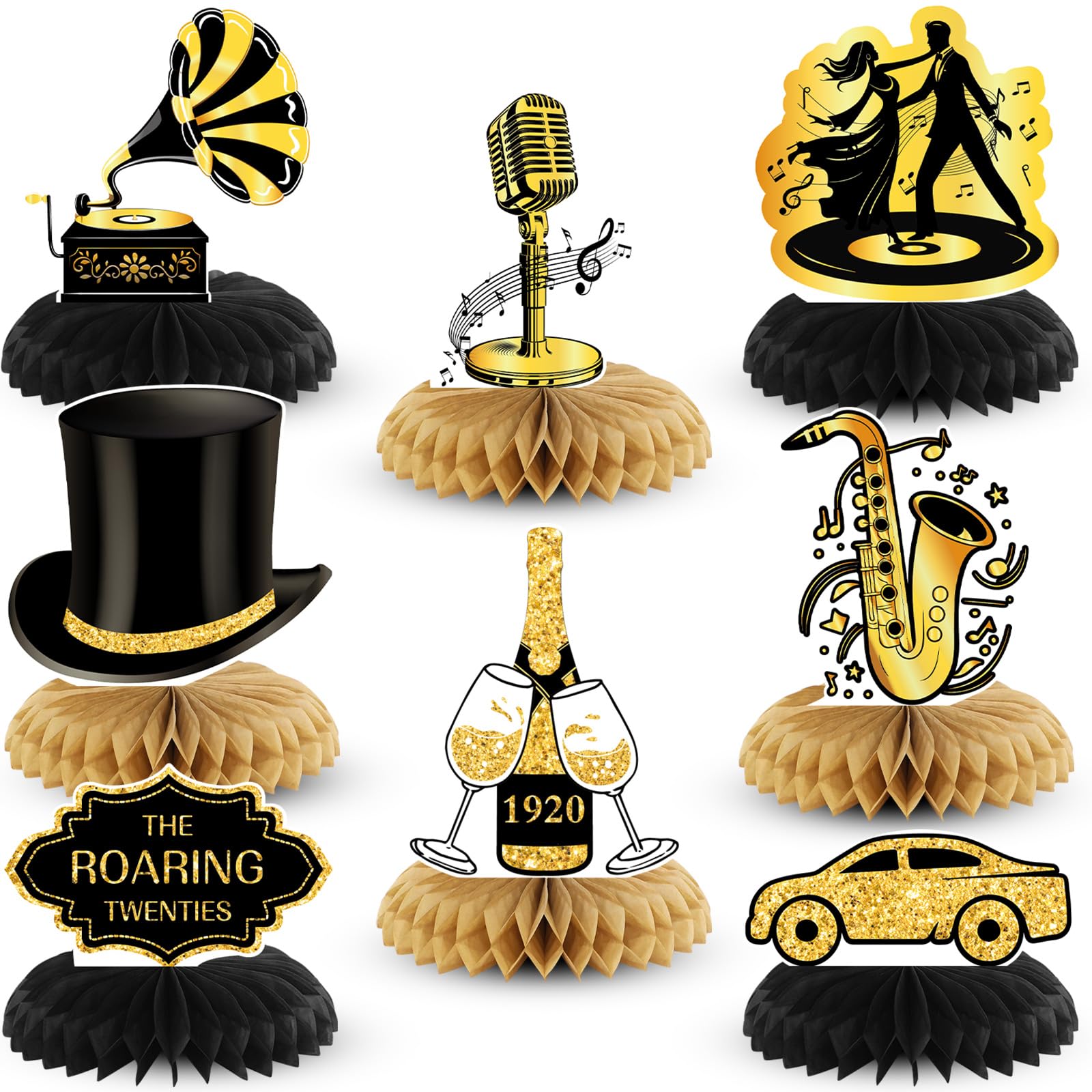 Photo 1 of Weekgrat 8 Pcs Jumbo Roaring 1920's Party Decorations Honeycomb Centerpiece Black and Gold Birthday Music Party Table for 1920s Birthday Speakeasy Retro Flapper Wedding Party Supplies