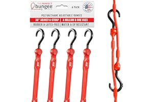 The Perfect Bungee 36" Adjust-A-Strap, Adjustable Heavy Duty Polyurethane Bungee Strap, Heavy Duty Nylon Hooks, Made in the USA, 4 Pack, Red