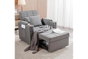 COMHOMA Convertible Sleeper Chair Bed, Armchair Bed Sleeper with USB Ports, 3-in-1 Single Convertible Chair, Futon Chair Bed with Side Pocket, Cup Holder, Pull Out Sleeper Bed for Living Room (Gray)