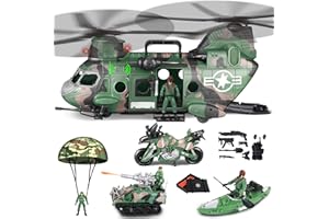 deAO Military Helicopter Toys Set Army Men Playset, Army Toys with Army Tank, Soldier Action Figures, Motorcycle, Combat Truck, Aircraft with Lights&Sound, Christmas Birthday Gifts for Kids Boys