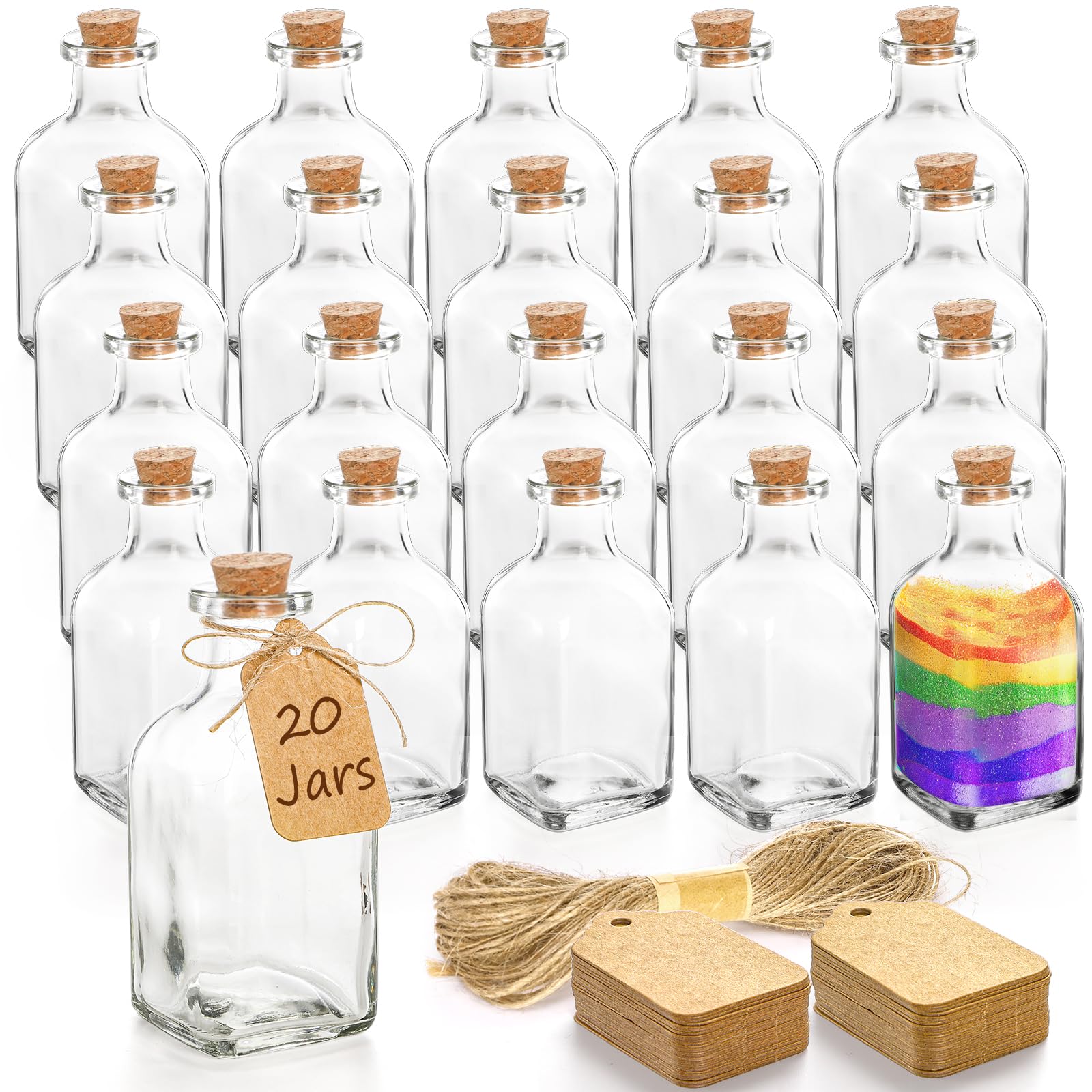 Photo 1 of ZOOFOX 20 Pack Glass Bottles with Cork Stoppers, 3.4 oz Small Vintage Style Favor Jars, Clear Empty Cork Bottles for Party Favors, DIY Crafts, Extra Tags and String