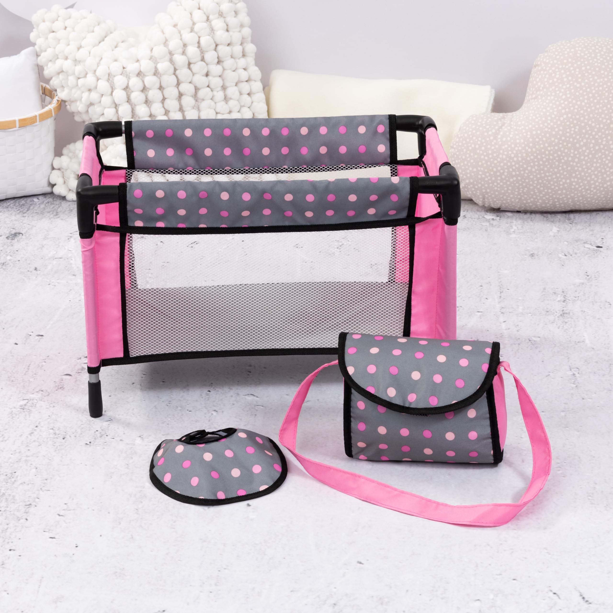Bayer Doll High Chair/Crib Set, Grey, Pink with Dots