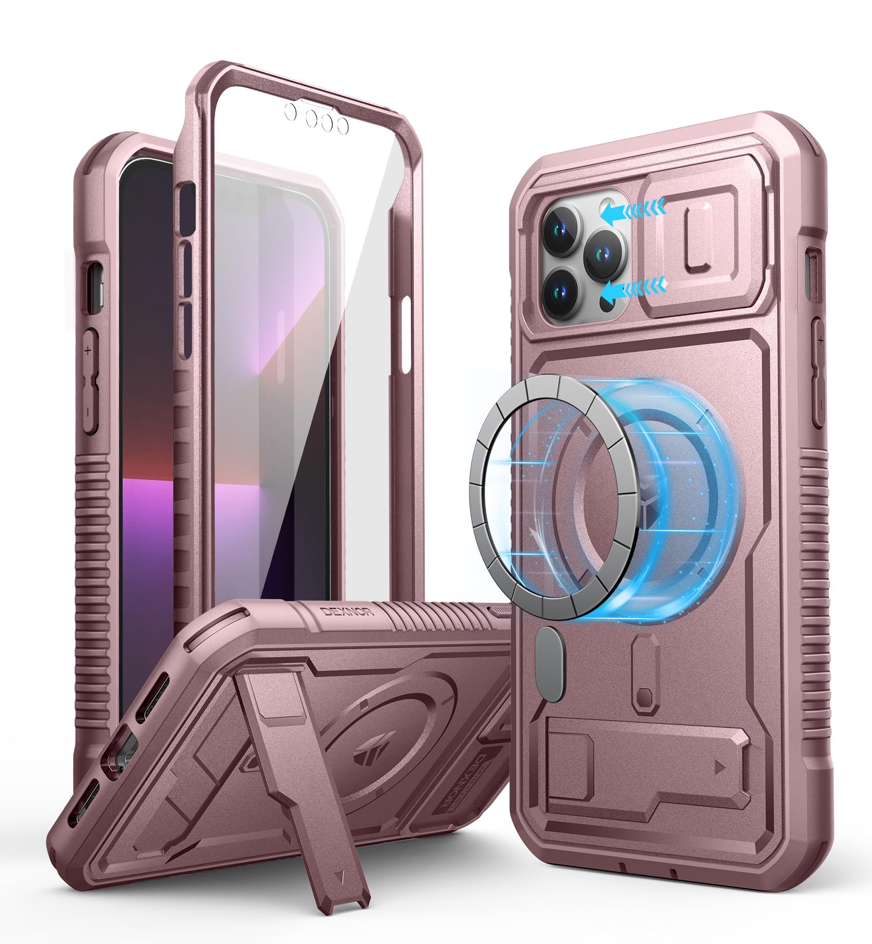 Dexnor Magnetic Bumper Case for iPhone 12 Pro Max, MagSafe Comapitble, Heavy-duty Shockproof Full-body Rugged Protective Cover with Kickstand & Camera Cover & Screen Protector - Pink