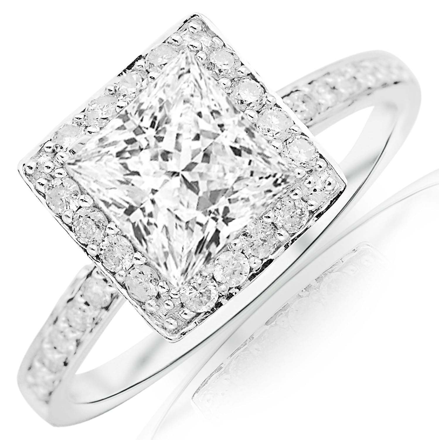 1.02 Carat Princess Cut/Shape 14K White Gold Classic Halo Style pave ...