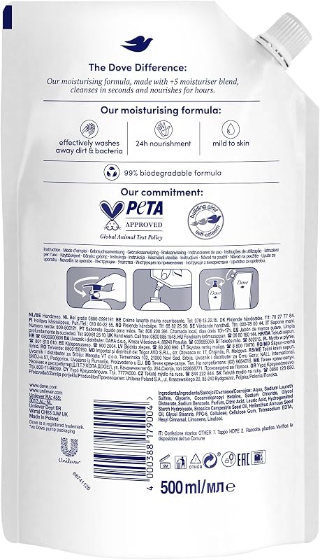 Sabonete líquido para mãos dove recharge hidratação profunda com 5 hidratantes para todos os tipos de pele, 500 ml