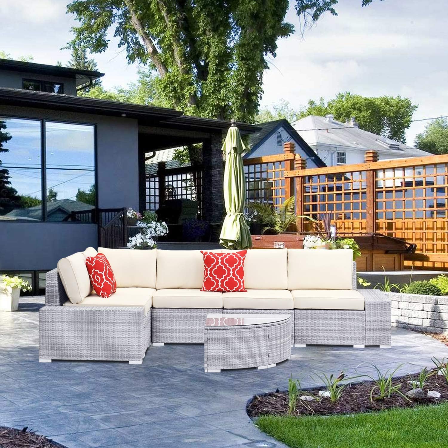 Amazon Com Ovastlkuy 6pc Outdoor Patio Furniture Set Rattan Wicker Sectional Outdoor Sofa Set Outside Couch W Washable Seat Cushions Modern Glass Wedge Table For Patio 6pc Gray2 Garden Outdoor