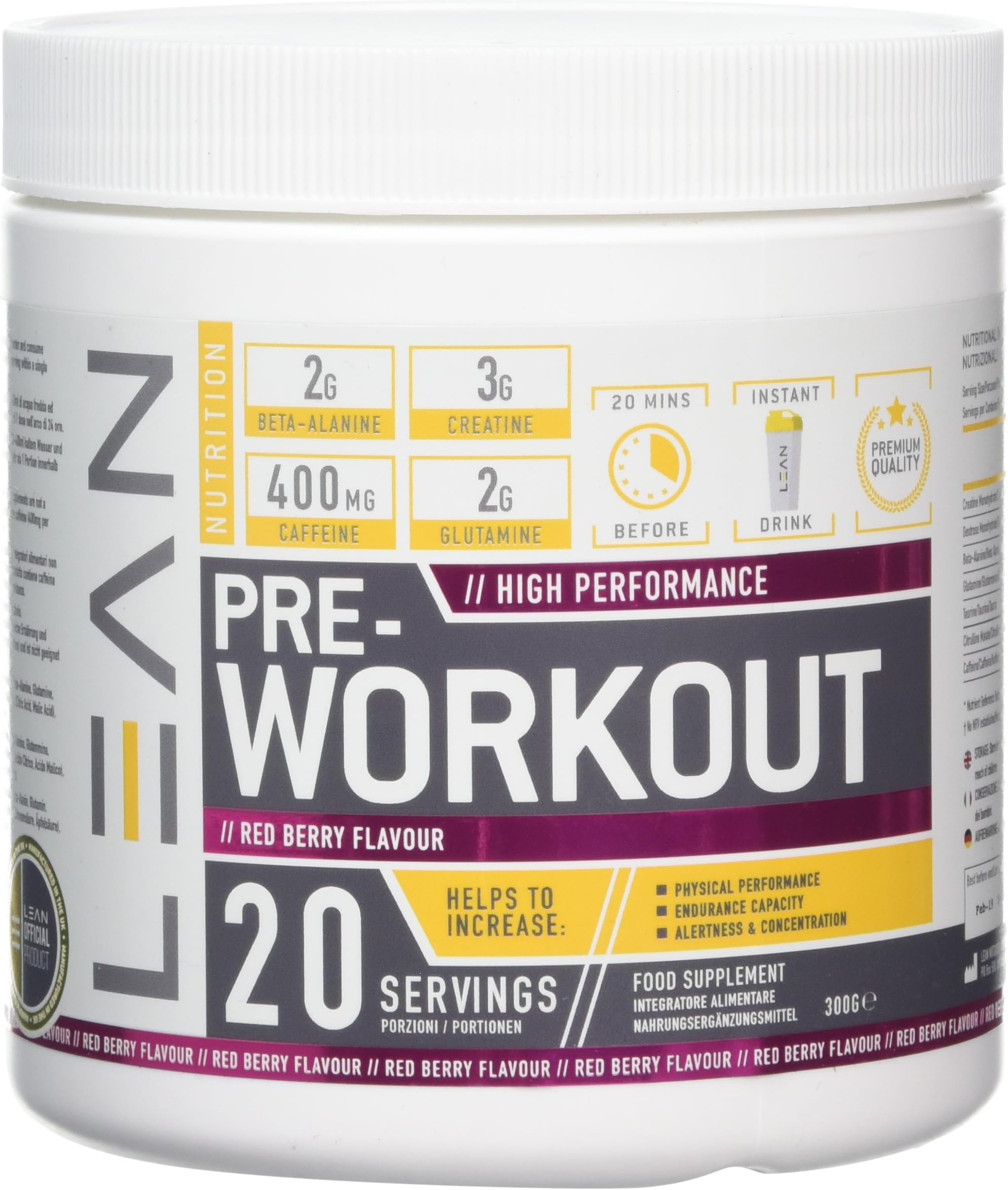 Lean Nutrition Pre Workout Powder with Creatine - Pre Workout Drink Powder for Energy Endurance - 300g Red Berry