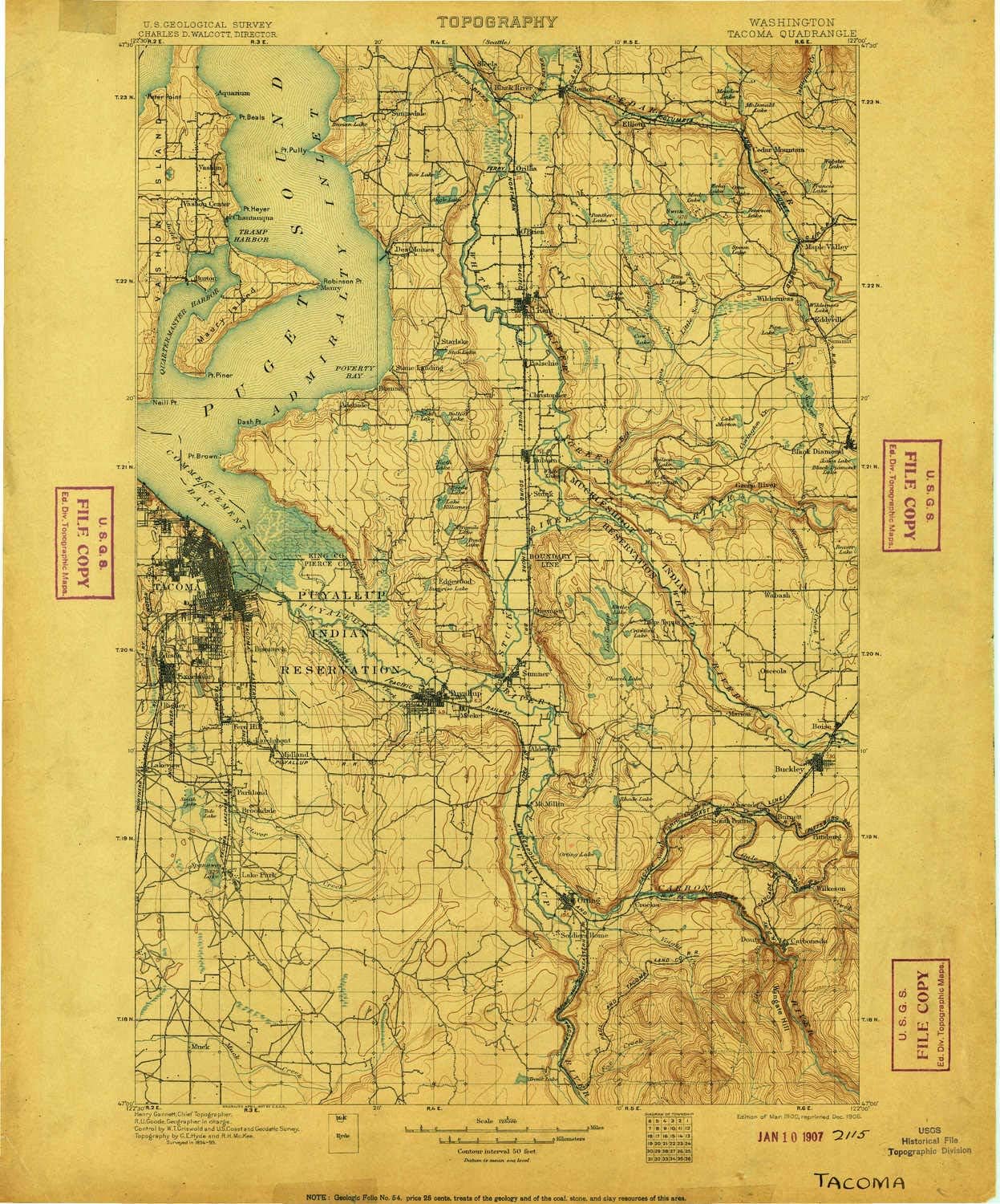 YellowMaps Tacoma WA topo map, 1:125000 Scale, 30 X 30 Minute, Historical, 1900, Updated 1906, 19.9 x 16.5 in