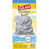 Glad Trash Bags, ForceFlex Tall Kitchen Drawstring Garbage Bags, Fresh Clean, 13 Gal, 40 Ct (Package May Vary)