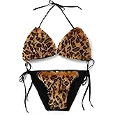 Women's Detachable Faux Fur Bikini Sets Halter Tie Two Piece Swimsuits for Party Stripper Outfit