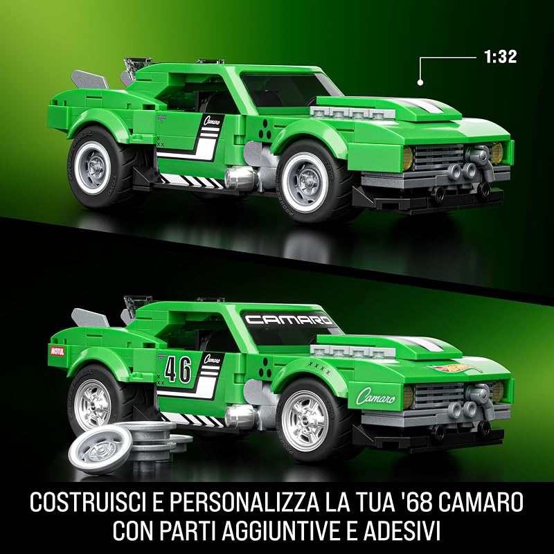 ​​Mattel Brick Shop Hot Wheels - Custom ’68 Camaro Serie Speed, set da costruire con 289 pezzi, dettagli realistici e adesivi per personalizzare l'auto, 10+ anni, JFT16