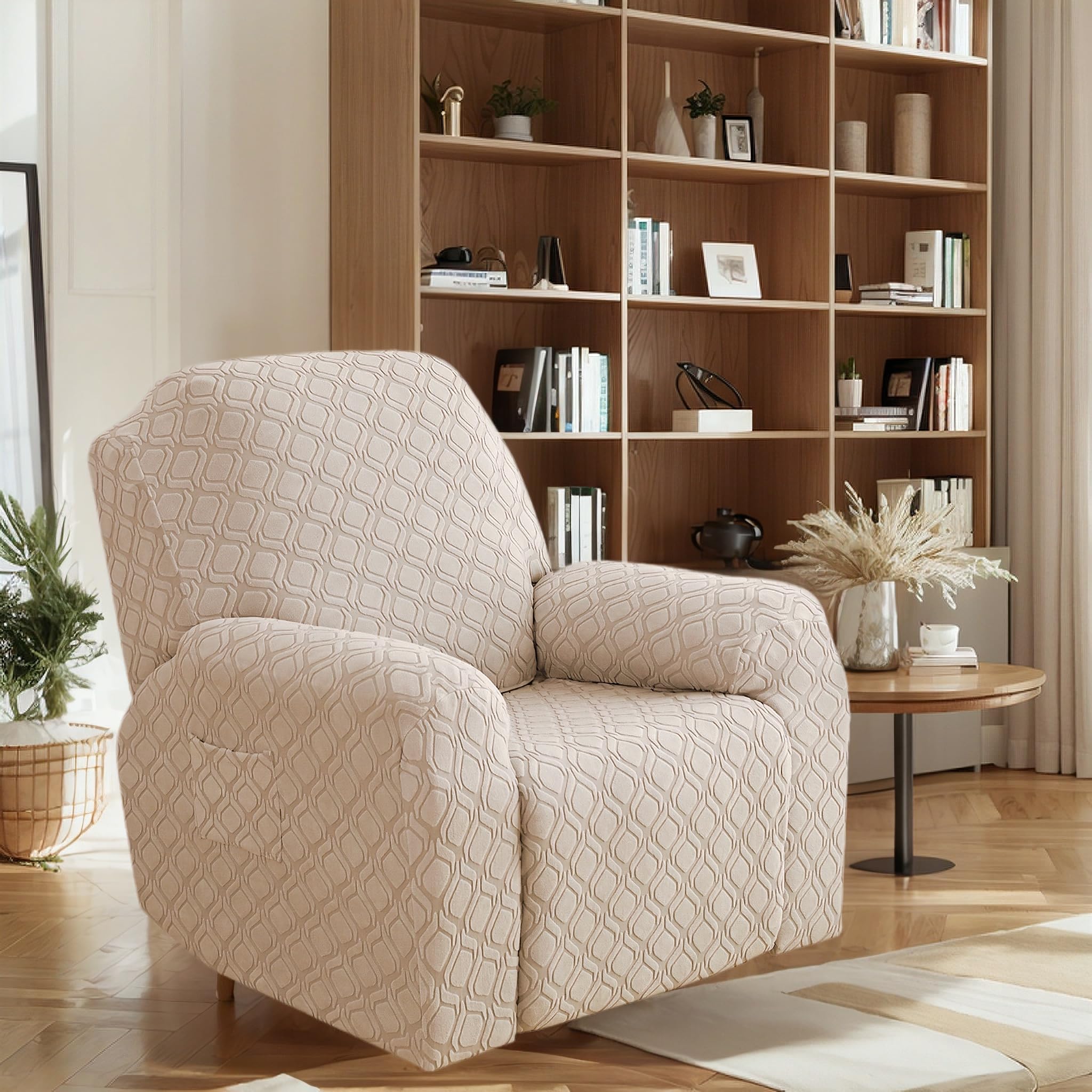 OKUYUK Recliner Chair Cover, 4-Pieces Stretch Recliner Covers for Recliner Chair Soft Reclining Chair Slipcover Furniture Protector for Dogs Cats (Sand, 1 Seater)