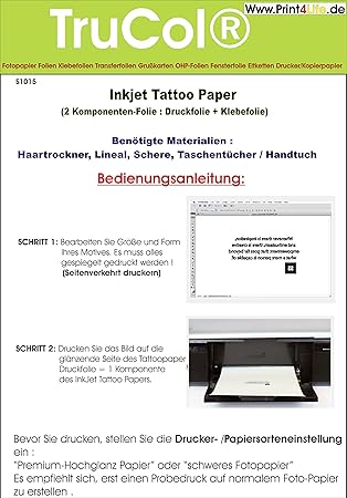 Tattoo – Transferfolie FÜR DIE HAUT - zum aufkleben und selbst gestalten - für Inkjet Tintenstrahldrucker (A4 – 5 Blatt) - Ta